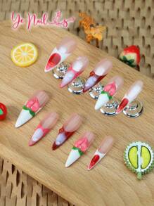 Add A Touch Of Romance With 10pcs Stiletto Shape Y2K Classic French Tips Gradient White And Red Japanese Style Full Coverage Fake Nails Set Creative Summer 3d Three-Dimensional Decoration Peach Novelty Funny Full Cover Press On Nails Kit For Women And Girls With 1pc Mini Nail File & 1 Sheet Adhesive Tabs
