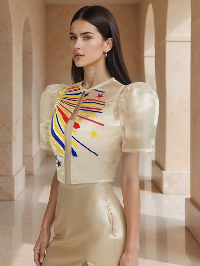 Amyenjoylife 现代菲律宾风夏季时尚气质印花泡泡袖短袖开衫上衣女式波莱罗菲律宾风