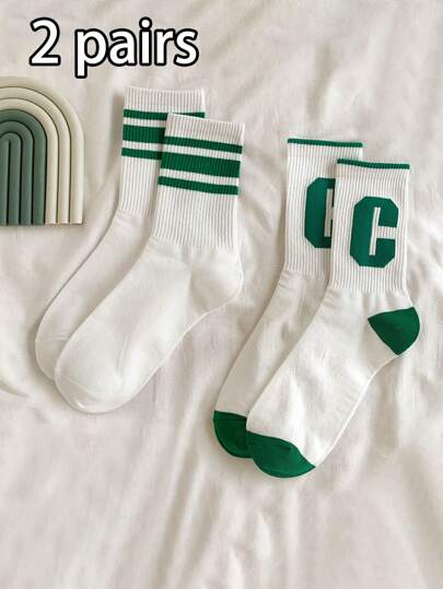 2 Pares de Meias Unissex com Cor Sólida e Listras Grandes de Altura até o Meio da Panturrilha, Uso Casual Confortável para Esportes, Estilo Escolar, Adequado para Todas as Estações