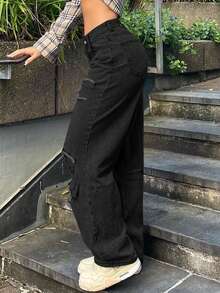 复古休闲中腰镂空做旧毛边斜插口袋直筒牛仔裤 春季款 - 煙黑色 - 查看 5