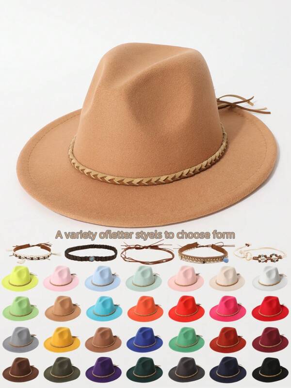 1 [Sombrero de copa] Sombrero de copa para mujer, sombrero de fieltro suave y de alta calidad con forma de corazón, sombrero de ala plana y ancha de moda, pequeño sombrero con efecto embellecedor del rostro, correa trenzada de moda, cinturón decorativo, sombrero a prueba de viento y frío para ciclismo y montañismo al aire libre, estilo unisex y versátil, sombrero de pareja