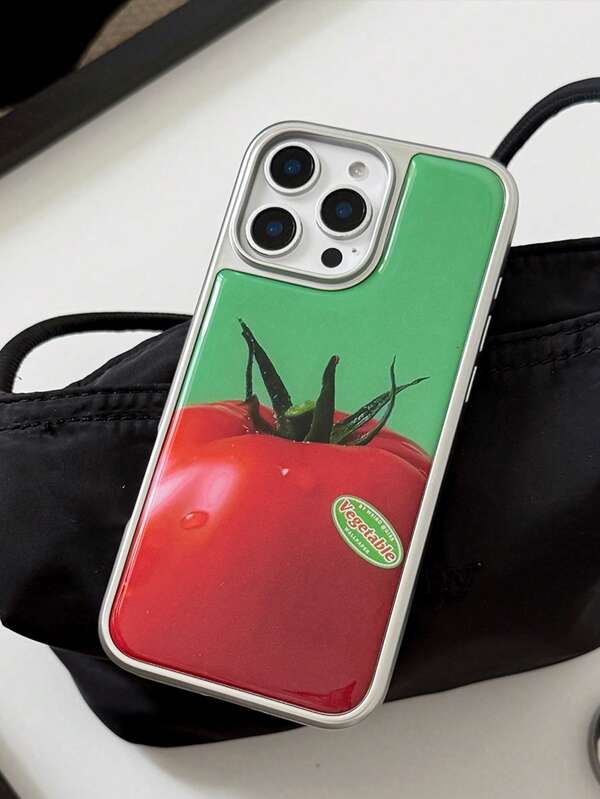 1pc Green Background Tomato Vegetable Electroplated Matte Phone Case, Epoxy Resin Pattern PC Hard Anti-Fall Protective Silver Shell, Compatible With IPhone 16 Pro Max/14/13/15 Plus/16, Galaxy S25 Ultra/S25+/S25e, Mate 70 Pro/60 Pro, 14 Ultra/15 Pro, Birthday Gift For Girlfriend