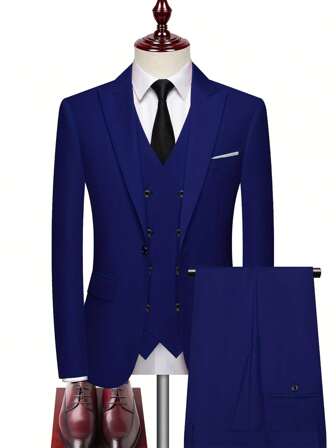 Men's 3 PiecesBusiness Suit Set, Includes Blazer Vest Trousers, Solid Color Slim Fit Stretch Work Formal Dress Suit