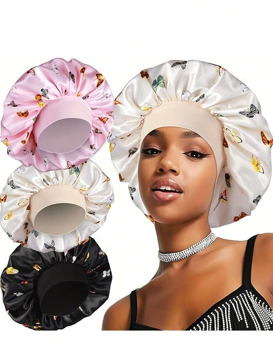 1 件乳白色纤维蝴蝶印花睡帽，适合日常佩戴 - 粉蝶+米蝶+黑蝶 - 查看 1