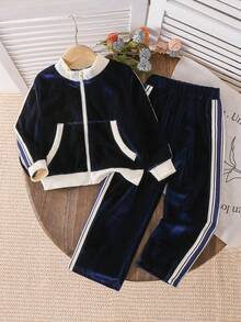 2 قطعة طقم بنطال وجاكيت بجيوب مفيدة للبنات، مناسب للخارج والاستخدام اليومي - أزرق بحري - مشاهدة 1