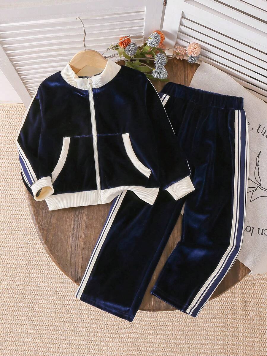 2 قطعة طقم بنطال وجاكيت بجيوب مفيدة للبنات، مناسب للخارج والاستخدام اليومي - أزرق بحري - مشاهدة 1