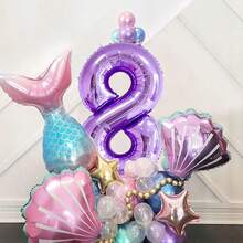 40 件美人鱼主题生日气球套装，40 英寸紫色 0-9 数字铝箔气球，贝壳和美人鱼尾巴形状，适合主题派对场景装饰 - 彩色 - 查看 7