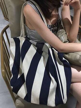 1 件时尚条纹帆布包女大号单肩包艺术风格学生百搭手提大容量购物袋复古别致条纹帆布手提包，时尚休闲宽敞单肩包女，适合旅行度假返校旅行商务旅行