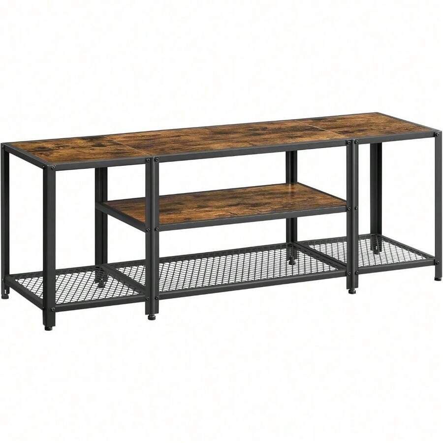 Soporte de TV moderno para televisores de hasta 65", centro de entretenimiento de 3 niveles, consola de TV industrial con estantes abiertos, para el hogar, marrón rústico y negro, ULTV097B01 - MarrÓn RÚstico + Negro - Ver 1