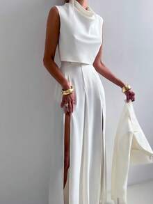 2pcs/Set Women Solid White Elegant Sleeveless Turtleneck Halter Top And High Slit Wide Leg Pants, Suitable For Daily Outings, Commuting, Office, Holidays, Parties - White - View 5