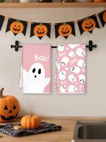 2 piezas Toallas de 15.7" X 23.6" con diseño de bloque de color y patrón de fantasma "BOO", toallas de cocina para festivales, toallas de mano para decoración del hogar, aptas para cocina, baño, limpieza de hornear, decoración de Halloween