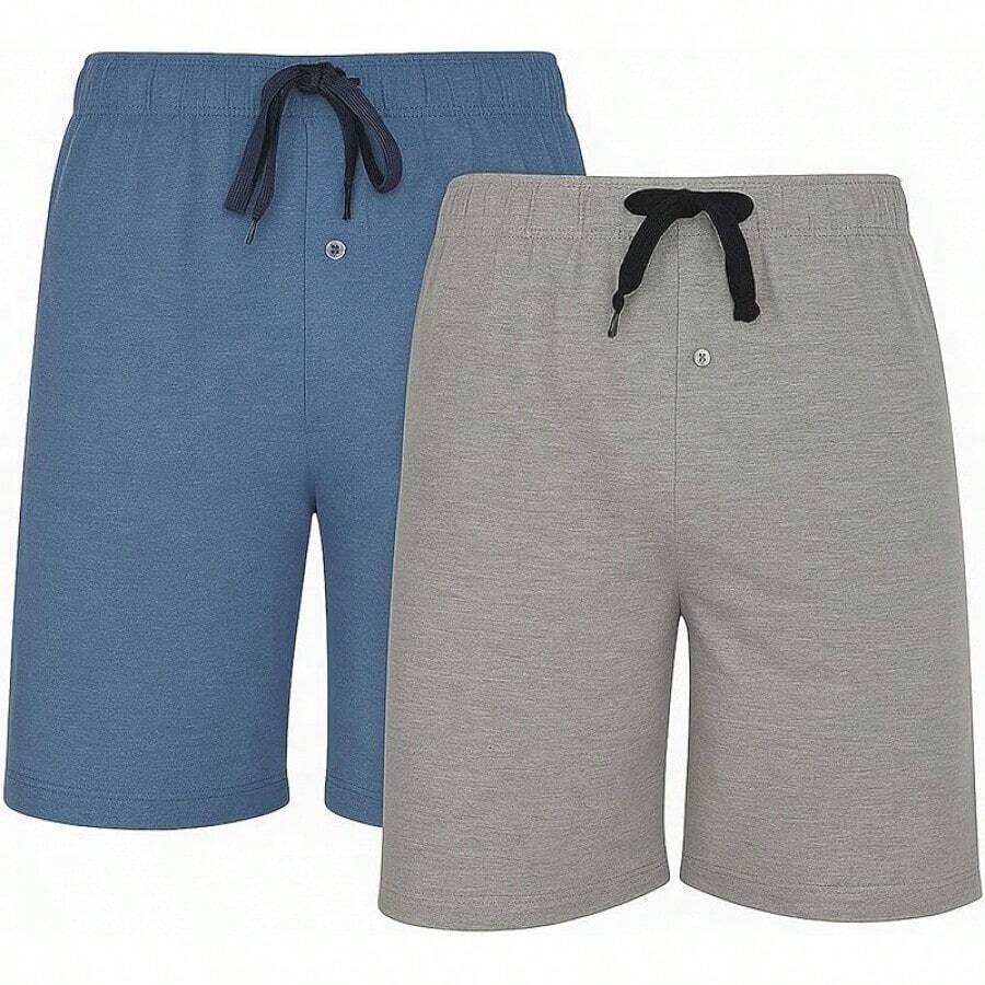 2 Pares de Pantalones Cortos de Algodón para Dormir para Hombres, Entrehierro de 5 Pulgadas, Cómodos y Transpirables, Colores Surtidos - Gris jaspeado/Azul chambrey - Ver 1