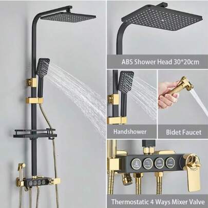 Duschsystem-Set, Wasserhahn schwarzes Gold, warmer und kalter Badewannenmischer aus Messing, Messinghahn Temperatur Regenregendusch-Set, Badezimmer