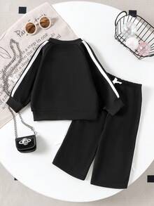 2 件女婴休闲宽松长袖运动衫 + 长裤套装，中等重量，春秋季 - 黑色 - 查看 2