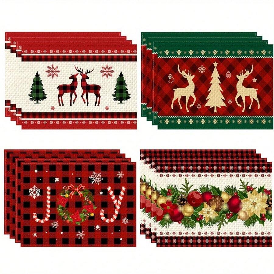 4pcs/6pcs,Home Decor, Christmas Theme, Printed Linen Placemats With Patterns Of Christmas Deer And Christmas Bells, Table Mats, Suitable For Dining Tables, Versatile Seasonal Decoration In Spring, Summer, Autumn, Winter, Modern Style Washable Table Mat, Heat-Resistant, Stain Resistant, Room Decoration, Table Mat, Coaster, Kitchen Table Mat, Party Decoration, Home Decoration, Ideal Christmas Gift