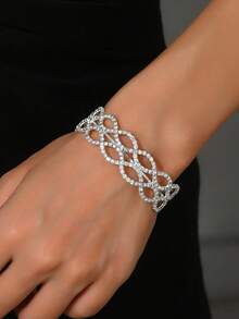 1pc Fashionable Minimalist Rhinestone Hollow Geometric Ellipse Crisscross Open Bangle Bracelet, Versatile Daily Wear For Women