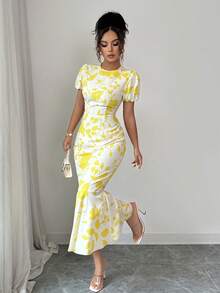 1pc Women's Elegant Plant Printed Woven Fabric Dress, Sophisticated Casual Everyday Wear - Multicolor - View 6