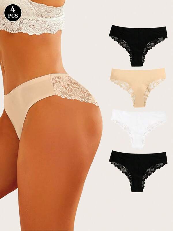4 Stücke Sexy Unterwäsche, Spitzen Slips Damen, Sexy Eisseide Slips Damen, Reine Baumwolle Schritt, Sexy Mittellangbund Damen