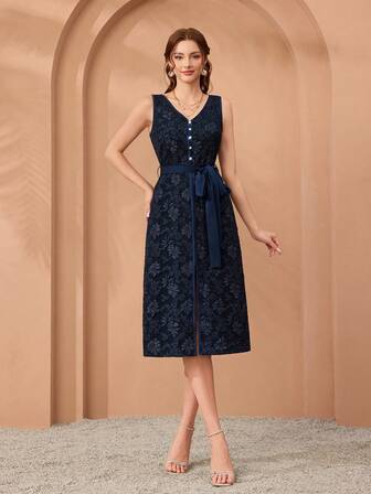 Mgiacy,New Arrival,Madam, Woven, Jacquard, Color-Blocking, Diamond Button, Dress