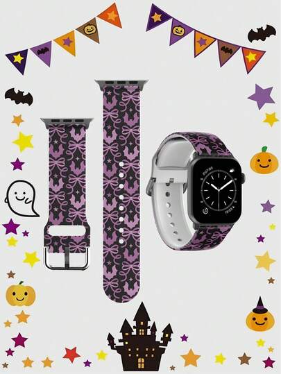 Halloween Bow Bat 1 Piece Women's And Men's Fashionable Casual Multi-Color Silicone Strap With Applee Watch Strap 38mm 40mm 41mm 45mm 44mm 42mm 46mm 49mm Strap, Soft, Elastic, Breathable And Comfortable Strap Replacement Strap Applee Watch Ultra Series 10/SE/9/8/7/5/4/3/2/1 Smart Strap Accessories