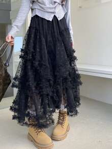 Plus Size Women's Vintage French Style Floral Lace A-Line Long Skirt, Elegant Princess Skirt - Black - View 3