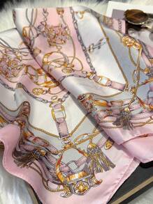 1 pieza Pañuelo cuadrado de seda sintética con cadena metálica, pañuelo para el cuello de mujer, esencial para primavera/verano, se puede usar como corbata para el pelo, accesorio para el cabello, pañuelo de cuello de moda