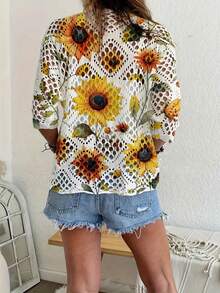 花卉与向日葵印花镂空针织上衣 - 白色 - 查看 3