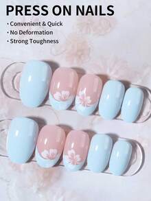 24pcs Oval Fuchsia Flower Nail Stickers, Light Blue French Style, Acrylic Material, Perfect Fit, Set Includes: 1pc Jelly Gel And 1pc Nail File, Easy To Wear Nails - Baby Blue - View 4