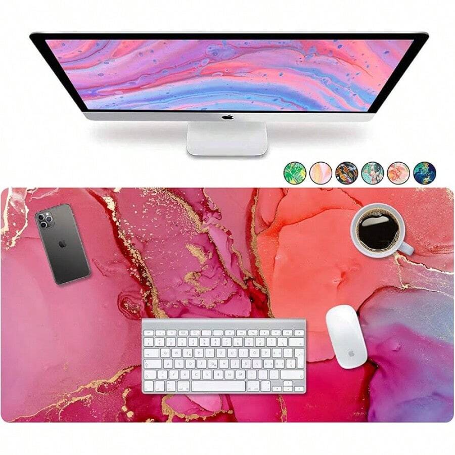French KOKO Desk, Large Desk Pad Large Mouse Pad Cute Desk Accessories Home Office Essentials XL Desk Desk Pad Keyboard Mouse Desk Pads On Top Of Desks Computer Pink Floral Women Girls - 大理石粉紅色 - 查看 1