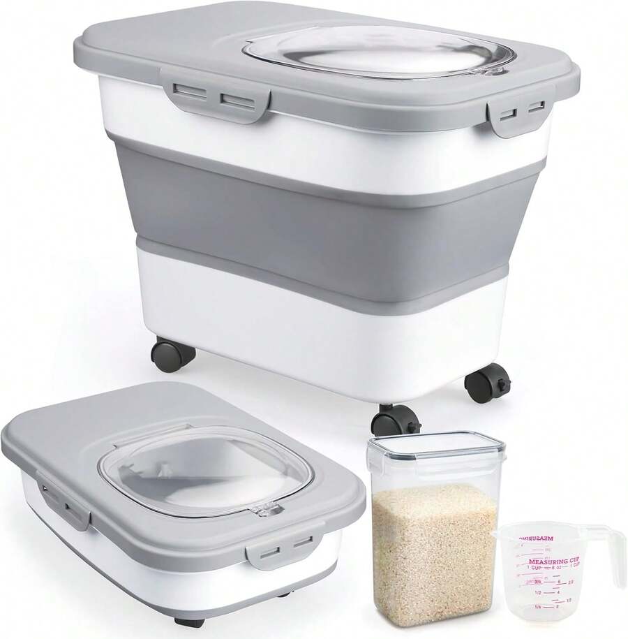 Contenedores De Almacenamiento De Arroz, Dispensador Plegable De 20 A 30 Libras De Almacenamiento De Alimentos Con Rueda Rodante Y Tapa Hermética Transparente, Sin BPA, Harina, Azúcar, Cereales,6273746 - Coffee Brown - View 1