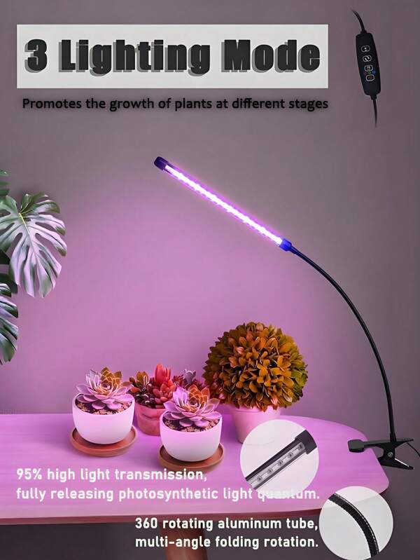 1 件植物生长灯，LED 灯，三种灯光模式，可调节光照强度，USB 循环定时，全光谱 4 管夹式，防晒，植物补光灯，可用于室内植物育种，草本幼苗补光灯，弯曲设计可随意调节。