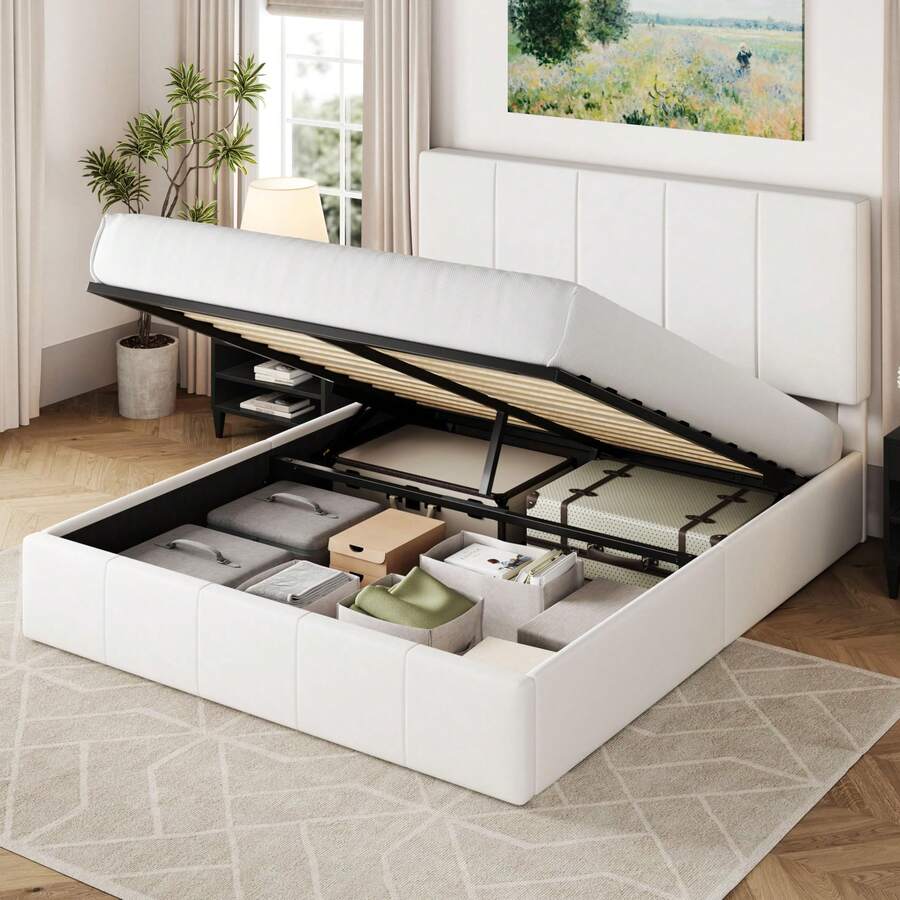 Allewie Full/Queen/King Size Velvet Lift Up Storage Bed Frame, Vertical Channel Tufted Headboard, Hydrualic Underneath Storage, Upholstered Platform Bed, Wooden Slats Support, No Box Spring Needed, White - White - View 1