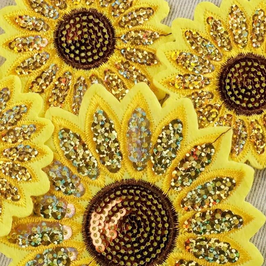 10pcs Shiny Sequin Sunflower Fabric Patches For Clothes, Sweaters, Jackets, Bags DIY Sewing Accessories - Yellow - View 1