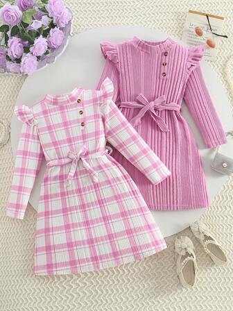 2pcs Young Girls Long Sleeve Dress Set For Autumn/Winter, Featuring Flutter Sleeve, Button Neck Design, Plaid Print Pattern, Belted Waist Decor, Casual Elegant Fashion, Suitable For Outdoor Party Wear