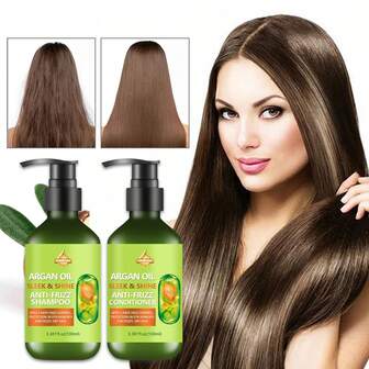 SUMIFANG Sleek & Shine Anti-Frizz Serum For Frizzy, Shampoo And Conditioner Set, Dry Hair, Argan Oil, With The Frizz Taming Power Of Moroccan Argan Oil, This Anti Frizz Serum Penetrates Into Frizzy, Dry, Unmanageable Hair For Lasting Smoothness And Shine