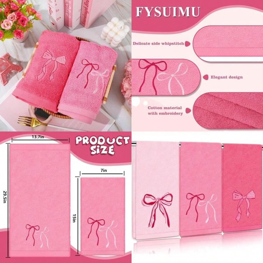 Juego de 3 toallas de mano rosas con lazos, toallas decorativas de algodón bordadas Coquette, suaves y absorbentes para decoración de baño y cocina, secado de manos, limpieza y cocina de 29.5 X 13.7 pulgadas - Tema de lazo rosa - Ver 1
