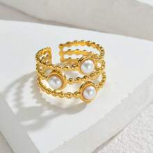 1pc Gold/Pink Stainless Steel & Natural Stone Women's Vacation Style Ring, Fashion Jewelry