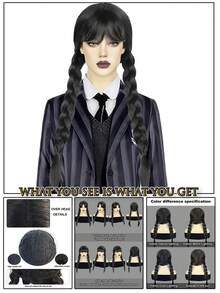 Perruque tressée synthétique résistante à la chaleur, cheveux droits avec 2 nattes, perruque de cosplay d'anime pour costume d'Halloween, pré-coiffée et prête à porter avec 2 longues queues de cheval, style de mode classique au look naturel, haute densité, sans colle et confortable, cheveux résistants à la haute température - Multicolore - Voir 3