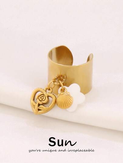 1pc Stainless Steel Shell Pendant Open Rings Fashion Gold Color Rose Flower Heart Charms Round Ring For Women Waterproof Jewelry