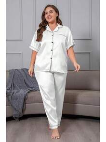 Vozanet Women's Plus Size Button Down Pajama Sets Satin Silky Short Sleeve Top & Pants Sleepwear Loungewear Nighty XL To 5XL - 白色 - 查看 2
