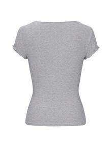 T-shirt tricoté à col rond, manches courtes, style preppy Y2K, avec patchwork en dentelle, pour femmes, pour l'été - fleur gris - Voir 4