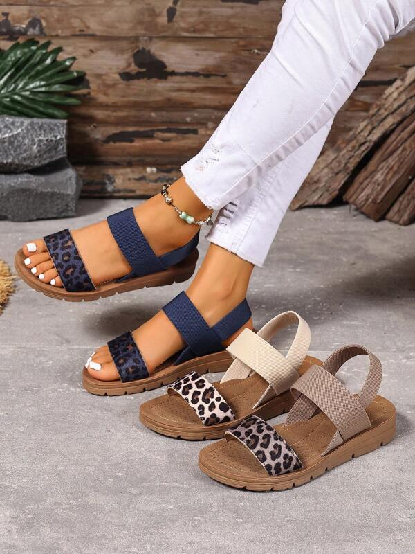 Women's Leopard Print Criss-Cross Elastic Strap Athletic Sandals, Versatile For Commuting And Outdoor Wear, Summer