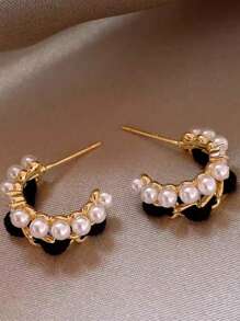 1pc Fashion Jewelry Women's Black Velvet Pearl Hoop Earrings For Daily Wear