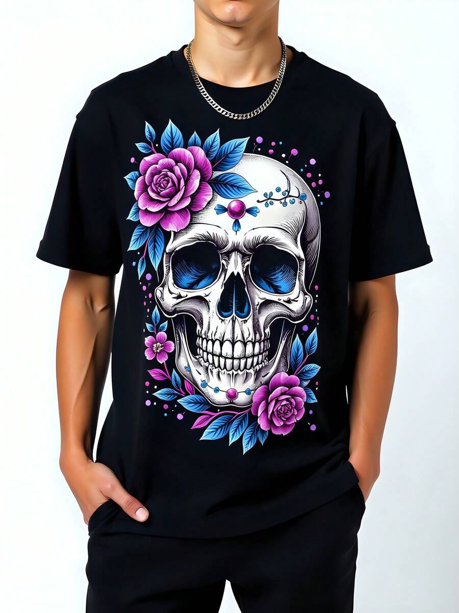 Camiseta Negra de Mujer 180g de Algodón con Diseño de Calavera y Rosas Impresa de Manga Corta Cuello Redondo Moda Otoño Estilo Casual Chic T-Shirt Fiesta Oficina Looks - Negro - Ver 1