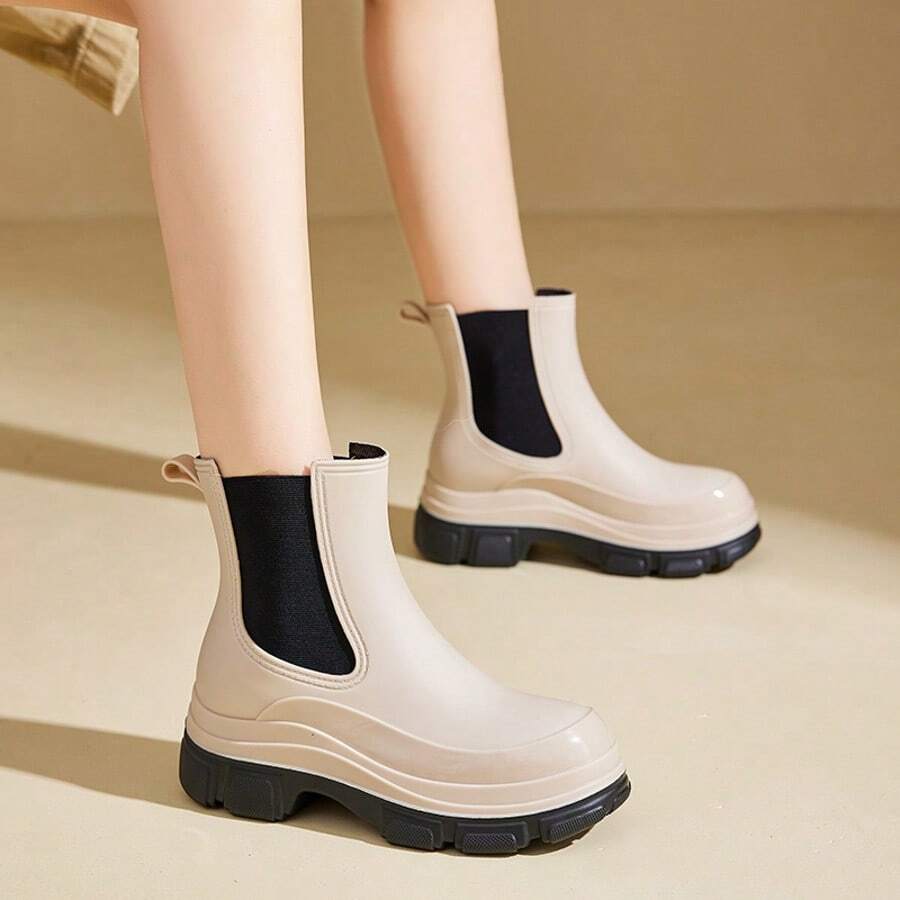 2025 Women's Fashion Versatile Rain Boots, Non-Slip Commuter Waterproof Galoshes For Outdoor, Fishing, Kitchen, Preppy Style PVC, All Season - Beige - View 1