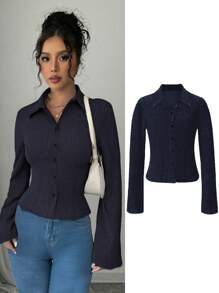 Blusa aderente a costine di un unico colido, con maniche a sbuffo, stile di moda Y2K, adatta per primavera estate autunno, casual, vacanze e uso quotidiano/pendolare