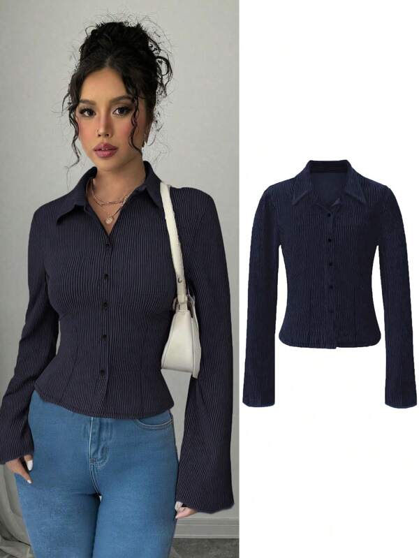 Blusa aderente a costine di un unico colido, con maniche a sbuffo, stile di moda Y2K, adatta per primavera estate autunno, casual, vacanze e uso quotidiano/pendolare