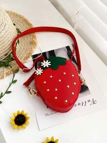 New Spring/Summer Cute Red Strawberry Shaped Crossbody Bag, PU Material Zipper Closure Crossbody Pouch, Fashion Fruit Design With Small Daisy Flower Decor - Multicolor - View 14