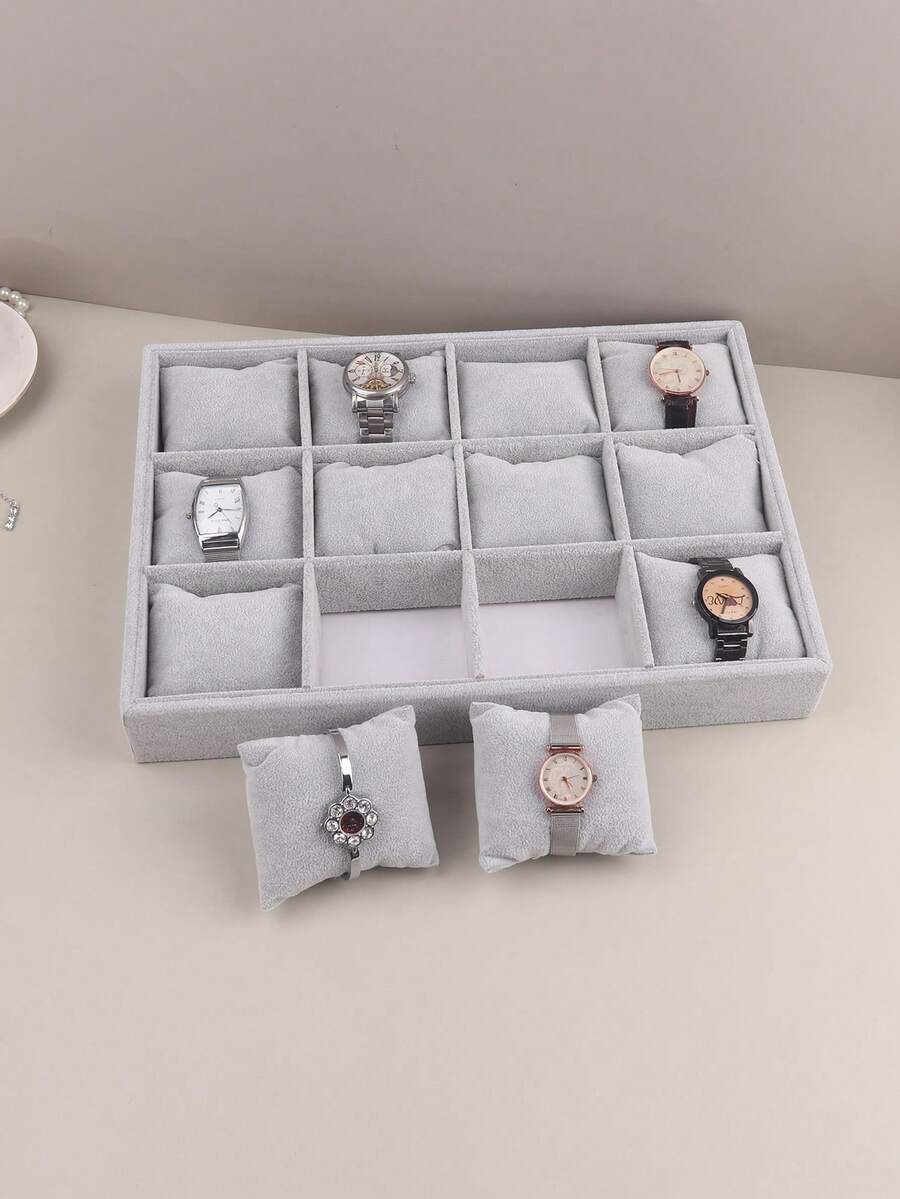 1个12格天鹅绒首饰收纳托盘，带可拆卸枕垫，手表收纳托盘，手镯手表展示架，情人节礼物，女士收纳整理盒，旅行必备，返校宿舍收纳，房间装饰 - 灰色 - 查看 1
