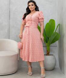Pleated Midi Dress With Round Godet Neckline - 羅莎 - 查看 2